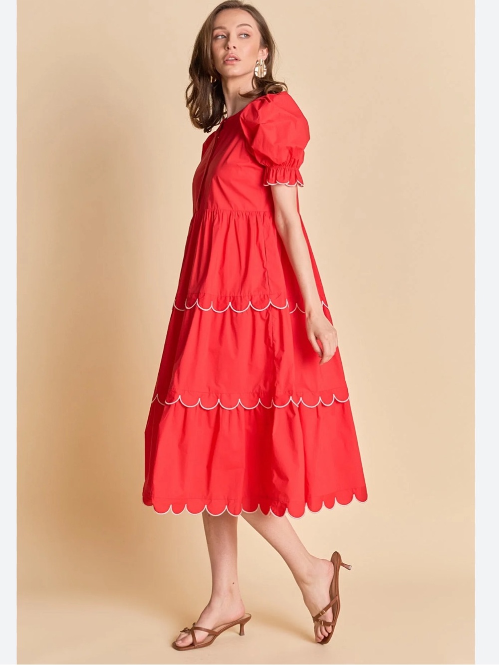 ENGLISH FACTORY Scalloped Edge red Midi Dress With Pockets Size XS NWT - Picture 2 of 6